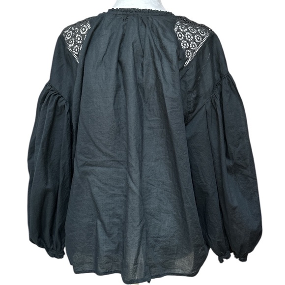 Levis Women’s Peasant Top Black Sheer Boho 3/4 Balloon Sleeve Tassel Tie Lace L - Picture 2 of 13